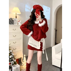 新年圣诞氛围感超好看深冬装一整套红色毛衣叠穿屁帘短裙三件套装