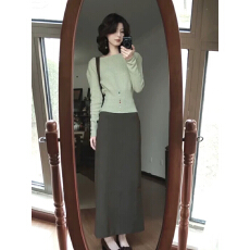韩系温柔慵懒风小清新针织开衫半身裙女彩色纽扣显瘦减龄两件套装
