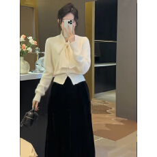 批发小香风仿水貂绒百搭毛衣半身裙<b class='q'>套装</b>春季蝴蝶结针织开衫显瘦两件套