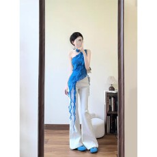 批发法式不规则蓝色荷叶边飘带露肩波点无袖<b class='q'>上衣</b>修身休闲长<b class='q'>裤</b>两件套女