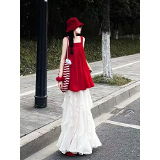 批发韩系多巴胺穿搭一整套时尚露背无袖吊带背心设计感半身裙两件<b class='q'>套装</b>