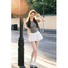 批发韩系甜美风一字肩灰色短袖t恤女2026<b class='q'>夏季</b>时尚花苞半身短裙两件套