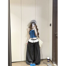 批发春夏韩系蝴蝶结抹胸/<b class='q'>碎花</b>网纱长袖套装+蕾丝拼接阔腿西装裤套装女