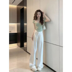 批发今年流行的时尚<b class='q'>套装</b>修身方领针织上衣阔腿裤两件套夏装搭配一整套