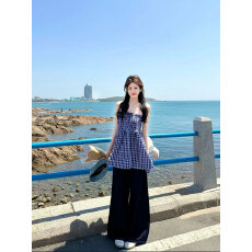 批发小众设计感两穿蓝色格子半身裙女夏季法式<b class='q'>气质</b>抹胸背心裙配牛仔<b class='q'>裤</b>