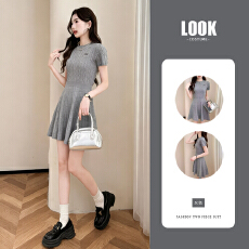 批发灰色麻花圆领短袖针织连衣裙 收腰<b class='q'>中长款</b>纯欲风高腰修身显瘦A字裙