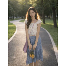 批发甜美风<b class='q'>蕾丝</b>边短袖衬衫女春夏季不规则蛋糕裙蓝色碎花半身裙<b class='q'>两件套</b>