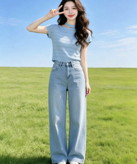 자이언트 잘 생긴 ~ 중 여름 전체 집합 느슨함 한 부서 외국 가스 연령 감소 라운드 넥 홀로우 아웃 니트 맨위 청바지 투피스 세트
