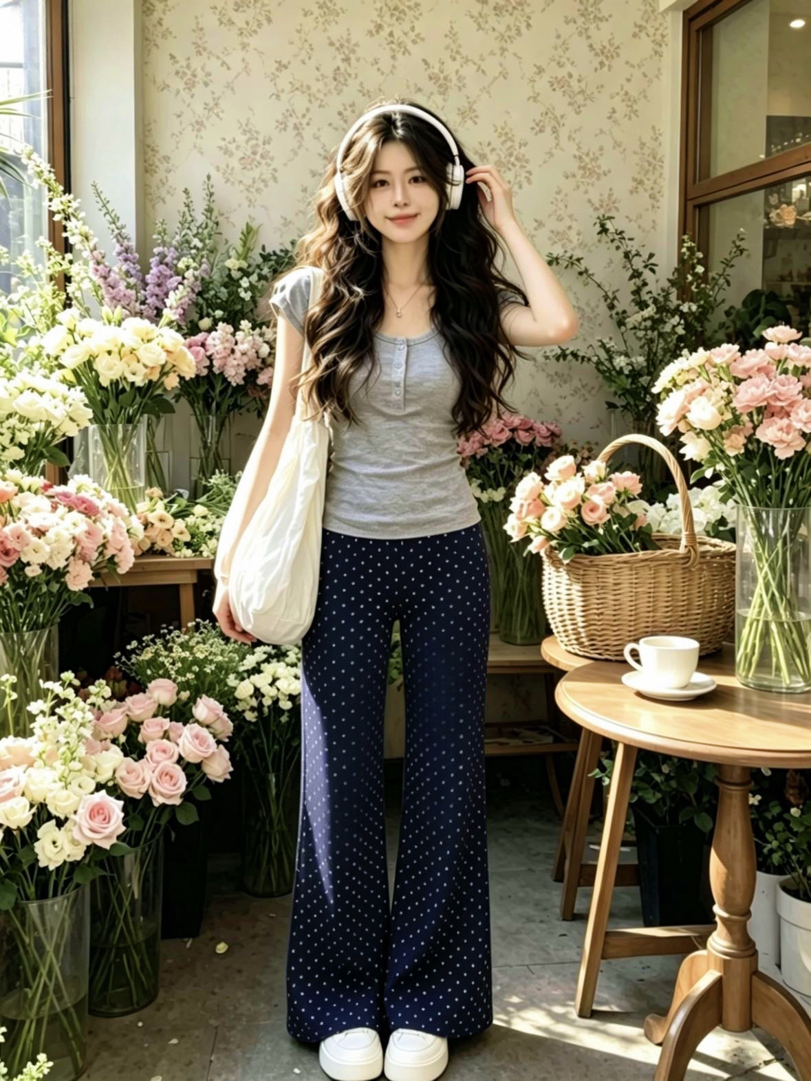 Feifei 소매 허리 수축 u 칼라 반팔 티셔츠 도트 무늬 캐주얼 바지 여성 여름 새로운 패션 세트