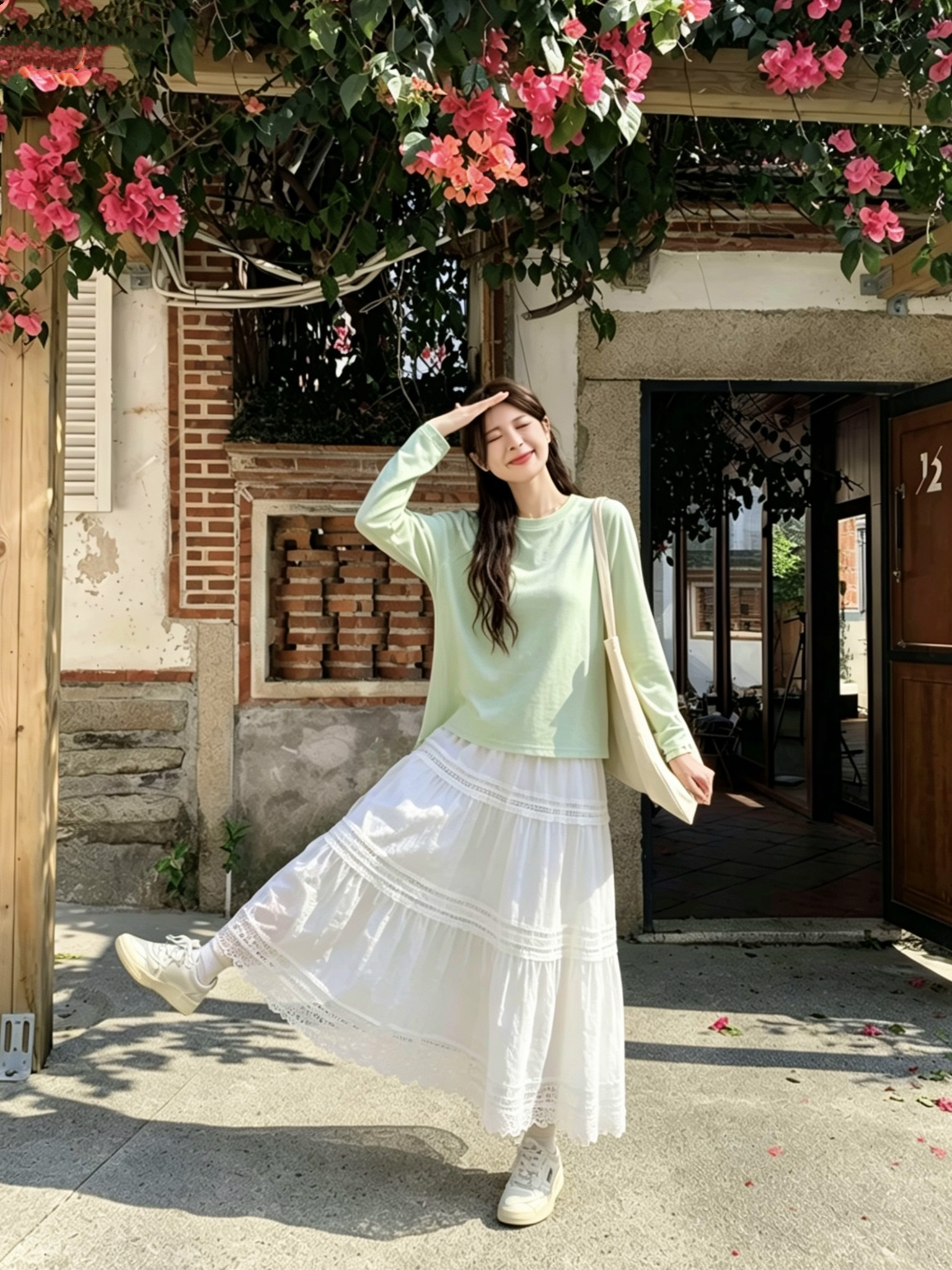 여름 새로운 한 부서 박하 티셔츠 니트 자외선 차단 블라우스 반신 스커트 루즈핏 느긋한 바람 품격 슬림해 보이는 세트