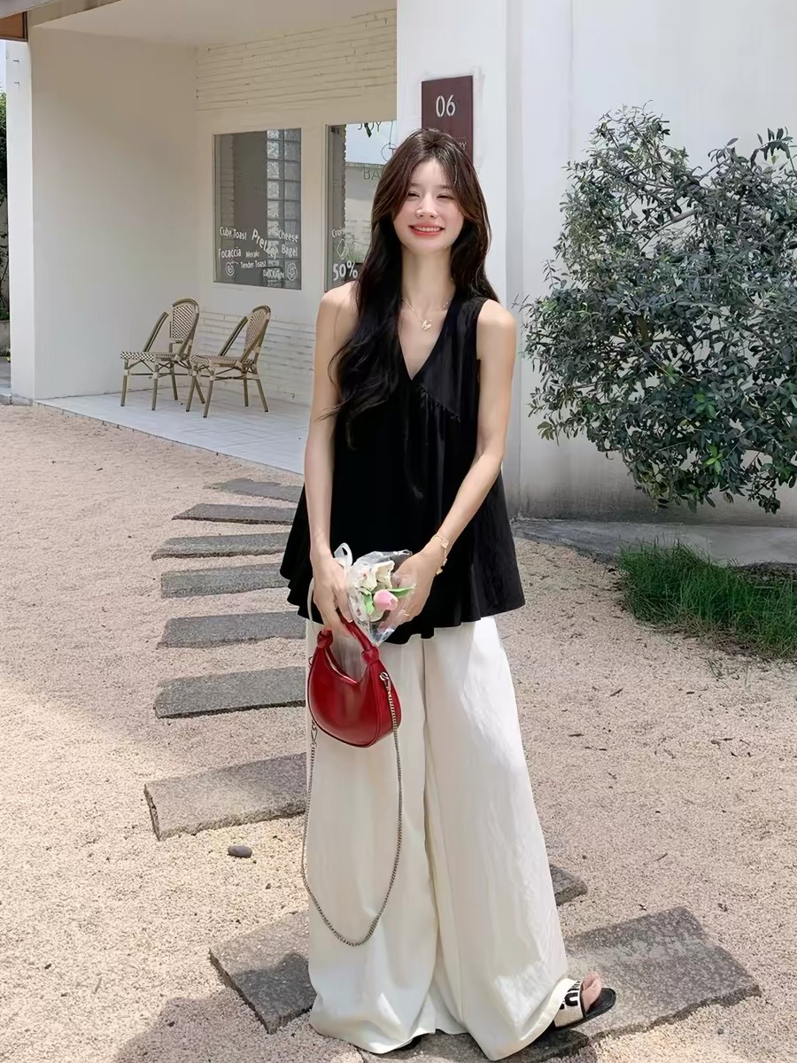 느슨함 센스 캐주얼 스포츠 슈트 여성 여름 품격 패션 한국 스타일 루즈핏 슬림해 보이는 조끼 와이드 레그 팬츠 투피스 세트