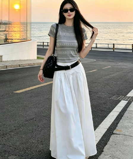 여름 절묘한 디자인 센스 자이언트 잘 생긴 ~ 중 회색 자카드 라운드 넥 반팔 티셔츠 루즈핏 니트 스웨터 반신 스커트 세트