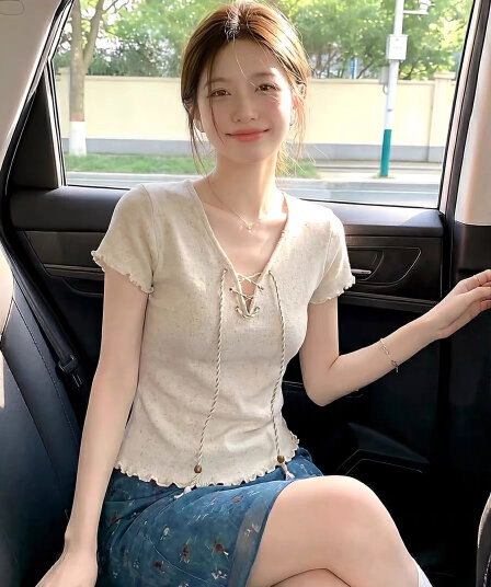 순수한 욕망 바람 V넥 스트랩 니트 반팔 티셔츠 반신 스커트 여름 프릴 몸매 가꾸기 슬림해 보이는 핫걸 다용도 세트
