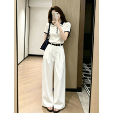 批发韩系甜酷风白色polo衫翻领修身短袖T恤裤子女2026新款夏季套装