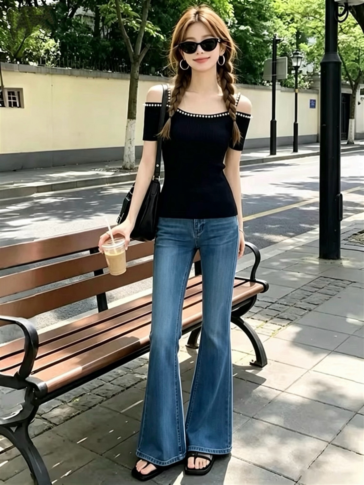 프랑스식 품격 전체 집합 ootd 착용 가져 가라. 세트 고유 한 슈퍼 잘 생긴 비즈 박기 맨위 청바지 슬림해 보이는 투피스 세트