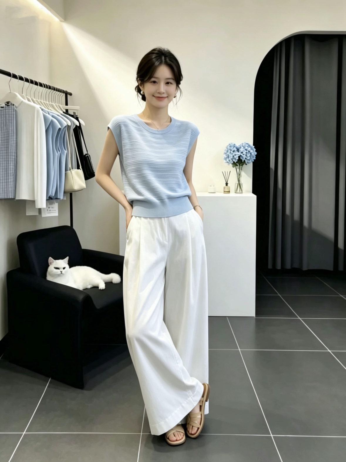 한 부서 미니멀리즘 작은 날다 소매 짠 셔츠 여성 2026 여름 빅 사이즈 루즈핏 슬림해 보이는 고유 한 아름다운 맨위 바지 세트