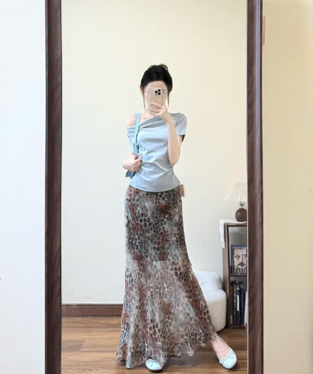 고급 자이언트 잘 생긴 레오파드 무늬 쉬폰 타이트 스커트 인어 꼬리 반신 스커트 여성 튀김 거리 고유 한 아름다운 반 스커트 롱 스커트 투피스 세트