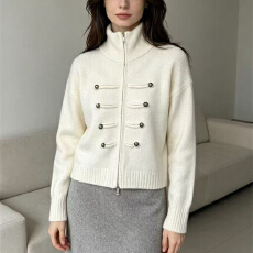 批发<b class='q'>欧美</b>风立领双拉链短款长袖针织开衫女秋冬百搭时尚毛衣加厚短外套
