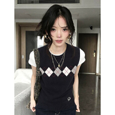 批发学院风针织背心女夏季菱格提花叠穿无袖毛衣马甲休闲慵懒百搭上衣