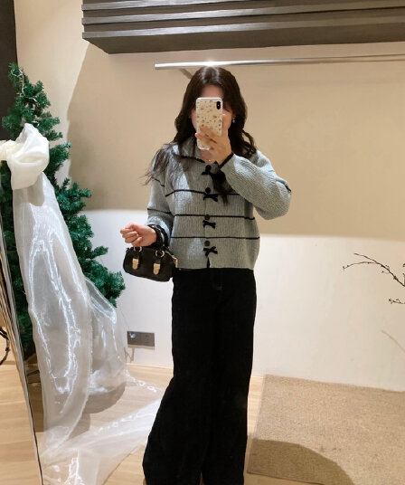프랑스식 이른 가을 새로운 착용 가져 가라. 털 의류 아이들 고급 스트라이프 나비 매듭 폴로 칼라 니트 오픈 가디건 외국 가스 세트