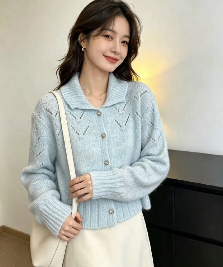 26 가을 겨울 새로운 부드러운 느긋한 바람 작은 정사각형 칼라 홀로우 아웃 니트 오픈 가디건 여성 패션 루즈핏 스웨터 코트