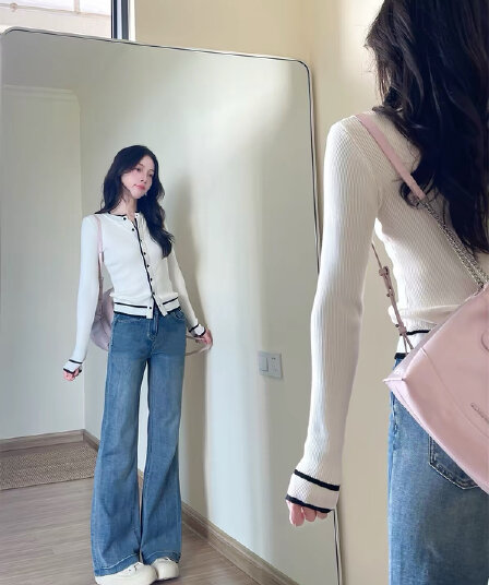 느슨함 센스 오래된 돈 바람 화이트 니트 오픈 가디건 스웨터 청바지 여성 가을 겨울 느긋한 부드러운 몸매 가꾸기 투피스 슈트
