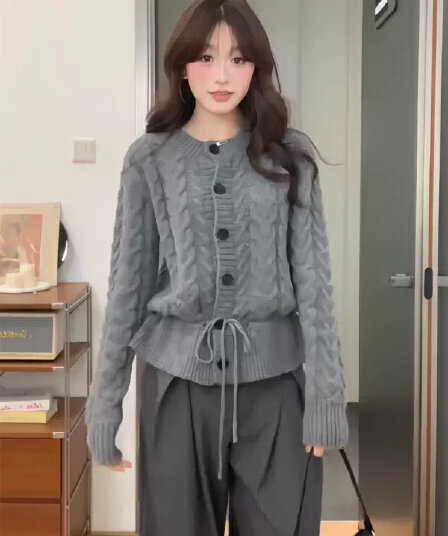 연수생 시리즈 가을 새로운 밑단 펌프 로프 니트 얇은 코트 블라우스