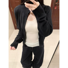 批发韩系穿搭黑色拉链针织开衫<b class='q'>外套女</b>秋季宽松慵懒风毛衣外穿长袖套装