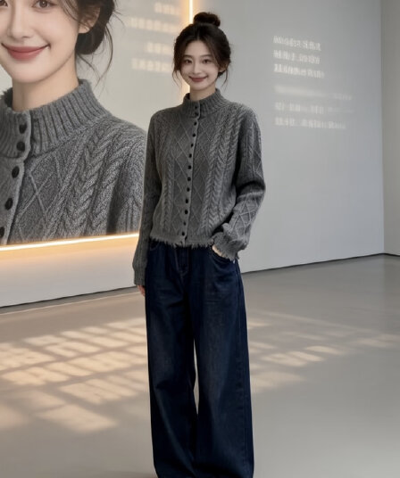 2026 슈퍼 화재 이른 가을 그레이트 통해보기 가져 가라. 전체 집합 회색 술 오픈 가디건 청바지 투피스 슈트 여성