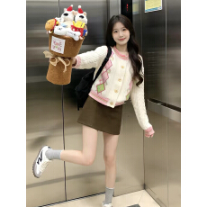 批发美式复古学院风菱格开衫毛衣半身裙女春秋小个子麻花针织上衣套装