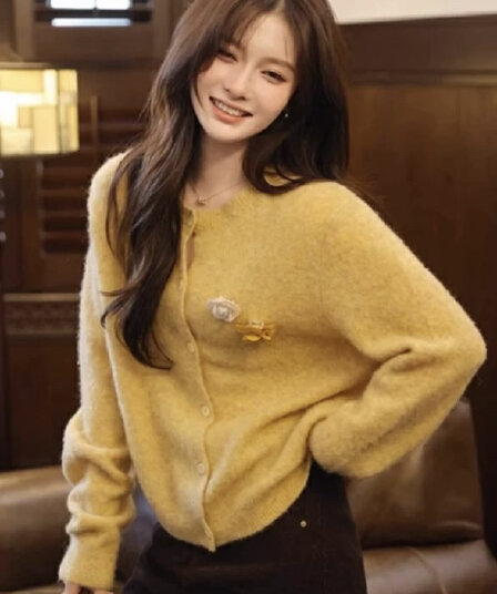 품격 부드러운 라운드 넥 3 차원 꽃 니트 오픈 가디건 여성 코트 가을 새로운 외부 가져 가라. 스웨터 루즈핏 외출용 맨위