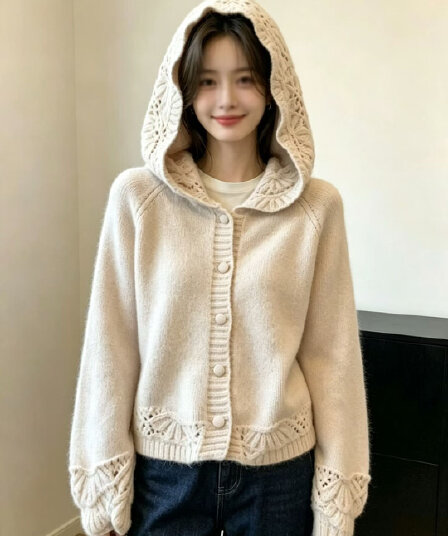 보존 섹션 추천 한 부서 홀로우 아웃 후드 스웨터 니트 오픈 가디건 여성 2026 새로운 자이언트 잘 생긴 부드러운 찹쌀 맨위