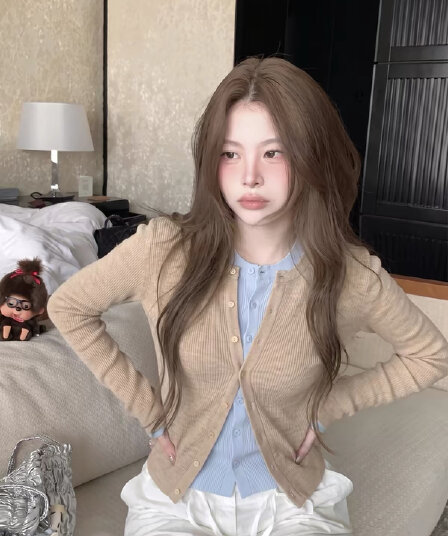 세련된 스택 음악 한 부서 계층의 감각 몸매 가꾸기 맨위 여성 페이크 레이어드 패치워크 색상 양모 니트 오픈 가디건