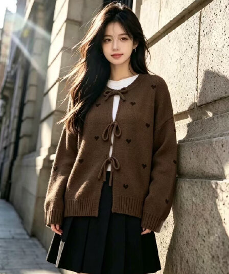 한 부서 가을 겨울 하트 자카드 니트 오픈 가디건 스웨터 여성 코트 빅 사이즈 지방 mm 디자인 센스 쇼트 스타일 레이스업 맨위