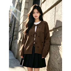 韩系秋冬爱心提花针织开衫毛衣外套女大码胖mm设计感短款系带上衣