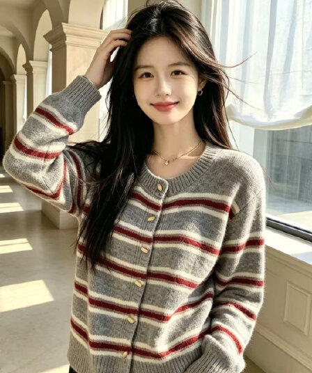 한 부서 분위기 센스 배색 스트라이프 스웨터 여성 코트 가을 겨울철 루즈핏 느긋한 바람 니트 오픈 가디건 부드러운 찹쌀 맨위