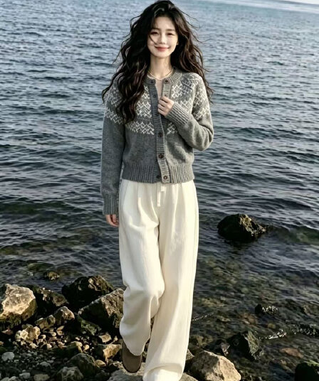 한 부서 레트로 느긋한 바람 자카드 라운드 넥 니트 맨위 바지 한 부서 전체 집합 ootd 착용 가져 가라. 아름다운 세트