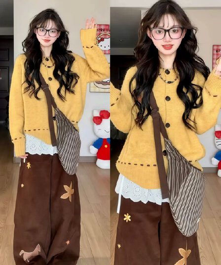 한 부서 황색 스웨터 여자 가을 겨울철 느긋한 루즈핏 라운드 넥 모직물 맨위 고급 센스 니트 오픈 가디건 수 있습니다. 외출용