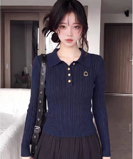 해군 polo 폴로 칼라 긴팔 니트 스웨터 여성 이른 가을 겨울 몸매 가꾸기 쇼트 스타일 인사이드 가져 가라. 만나는 작은 키 맨위