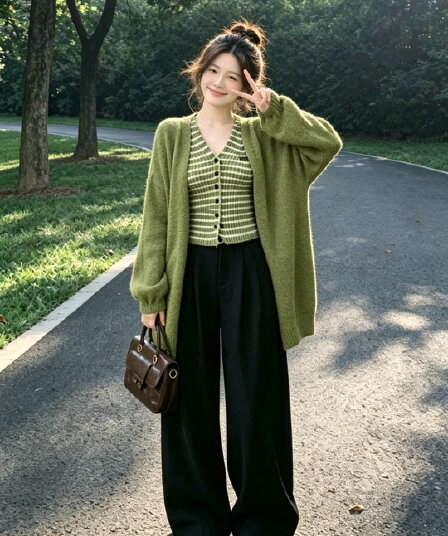 가을 새로운 한 부서 레트로 전체 집합 착용 가져 가라. 부드러운 느긋한 맨위 바지 고급 센스 캐주얼 세 조각 세트