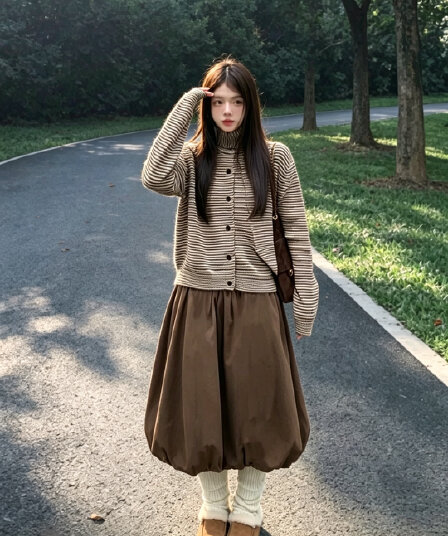 가을 겨울 새로운 니트 스웨터 오픈 가디건 스트라이프 스웨터 반신 스커트 이른 가을 레트로 캐주얼 루즈핏 느긋한 레트로 세트