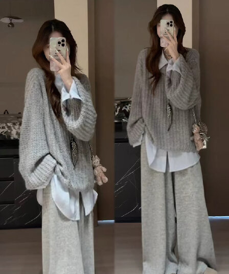 가을로 한 부서 느긋한 바람 전체 집합 니트 스웨터 스웨터 파란색 셔츠 와이드 레그 팬츠 느슨함 센스 캐주얼 세트 여성
