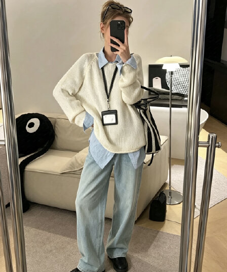 가을 겨울 새로운 느슨함 센스 느긋한 긴팔 니트 스웨터 스웨터 바지 슬림해 보이는 연령 감소 자이언트 잘 생긴 세 조각 세트 여성