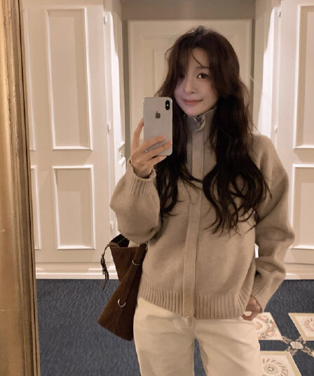 한국 레트로 느긋한 바람 터틀넥 지퍼 니트 오픈 가디건 여성 루즈핏 슬림해 보이는 스웨터 코트