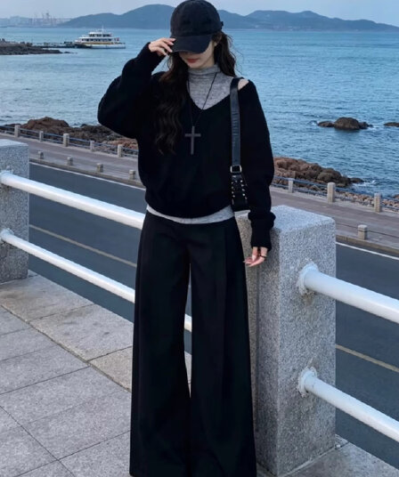 한 부서 자이언트 잘 생긴 이른 가을 착용 가져 가라. 전체 집합 2026 새로운 검정색 맨위 여성 조끼 와이드 레그 팬츠 세 조각 세트