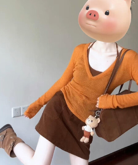 프랑스식 레트로 V넥 주황색 니트 스웨터 스택 착용 슬립 여성 가을 겨울 새로운 느긋한 캐주얼 슬림해 보이는 맨위 세트