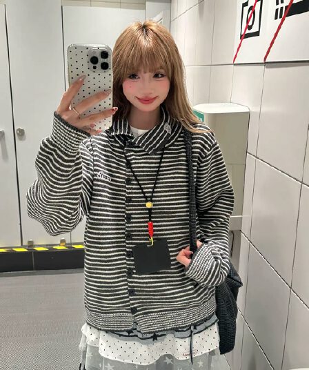 레트로 아메리칸 y2k 스트라이프 폴로 칼라 오픈 가디건 스웨터 여자 가을 겨울 빛 아시아 인 바람 보온 니트 스웨터 재킷