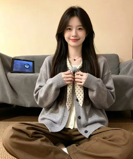 한 부서 달콤함 품격 회색 도트 무늬 스카프 페이크 레이어드 스웨터 여자 2026 가을 새로운 디자인 센스 니트 오픈 가디건