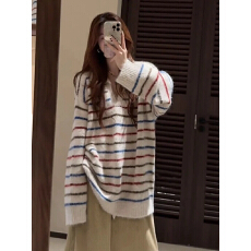 批发韩版气质休闲翻领宽松显瘦针织衫裤子秋冬简约<b class='q'>条纹</b>漂亮毛衣<b class='q'>套装</b>女