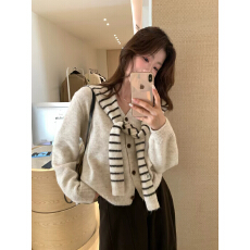 批发韩系V领针织<b class='q'>开衫</b>女秋慵懒风条纹披肩毛衣外套百搭减龄上衣